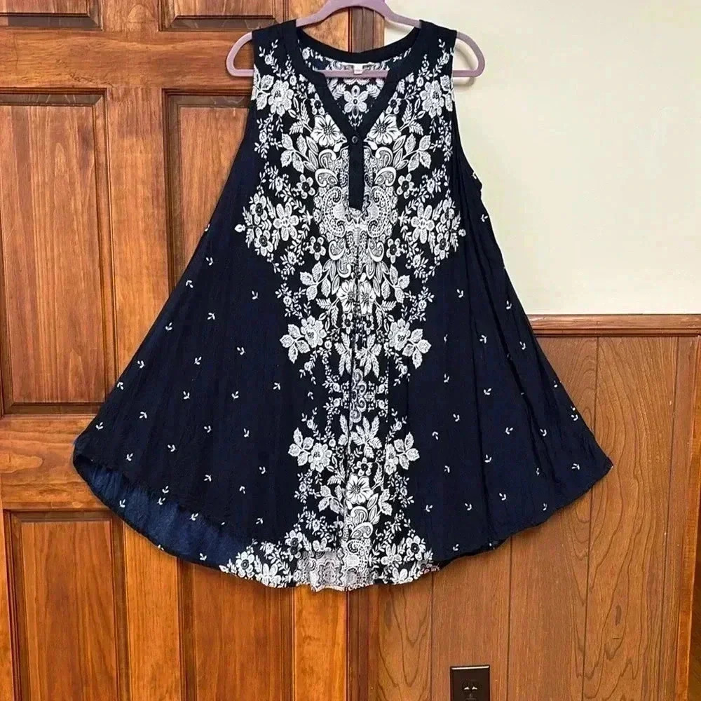 Flint & Moss Dress Navy And White With Flowers V-Neck Sleeveless 1X Women